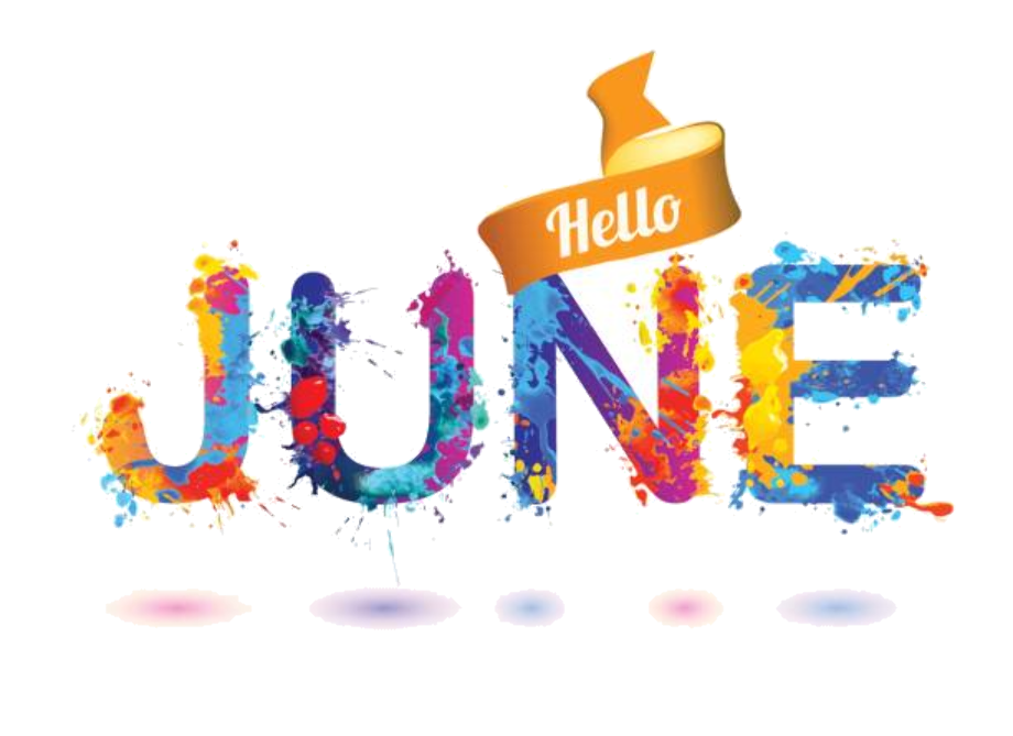 A colorful word hello june with a thumbs up.