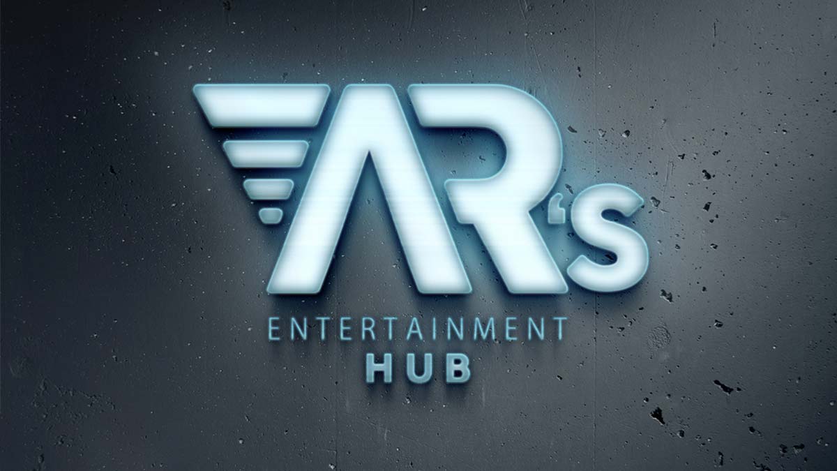 Logo of ARs Entertainment Hub with a modern, glowing design on a textured wall.
